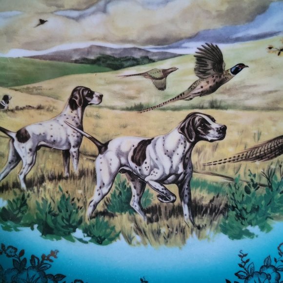 Large Vtg Dog Plate STW Bavaria Germany Pointer Hunting Pheasant Gold Gilt Blue - Picture 2 of 4